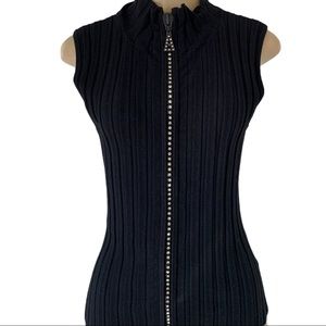 Belldini Gem Embellished Zipper Front Ribbed Knit Fitted Sleeveless Shirt